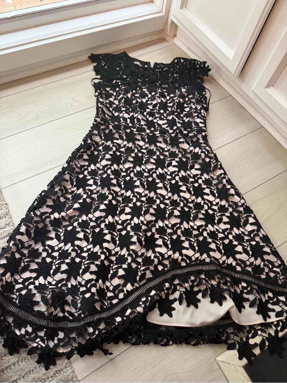 Eliza J Black Floral Lace Midi Dress with Blush Lining